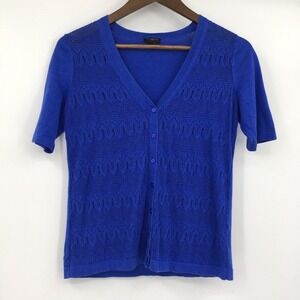 Talbots Pointelle Crochet V-Neck Cardigan Womens SP Blue Classic Mature Office